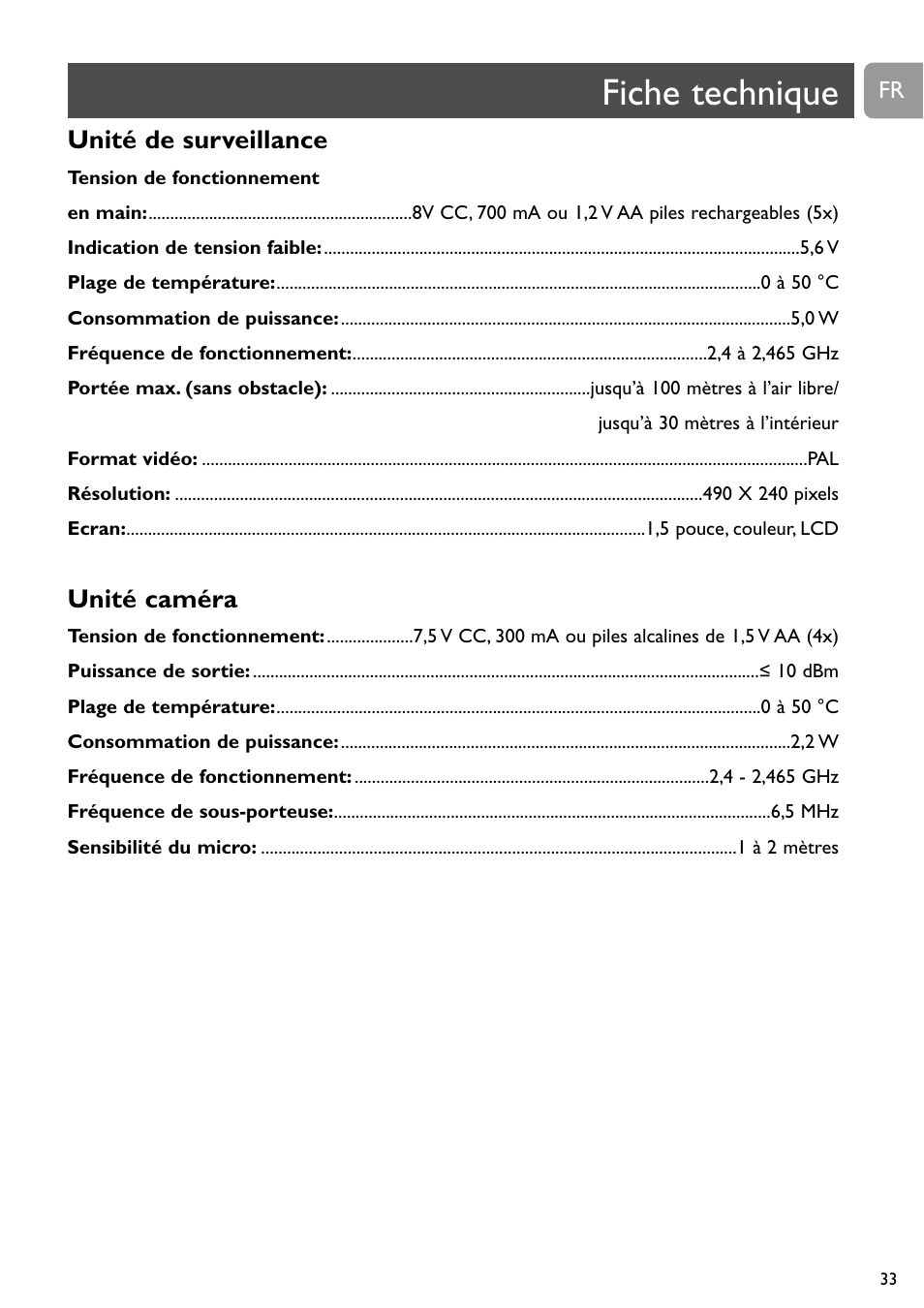 Fiche technique, Unité de surveillance, Unité caméra | Philips SCD491 User Manual | Page 32 / 211