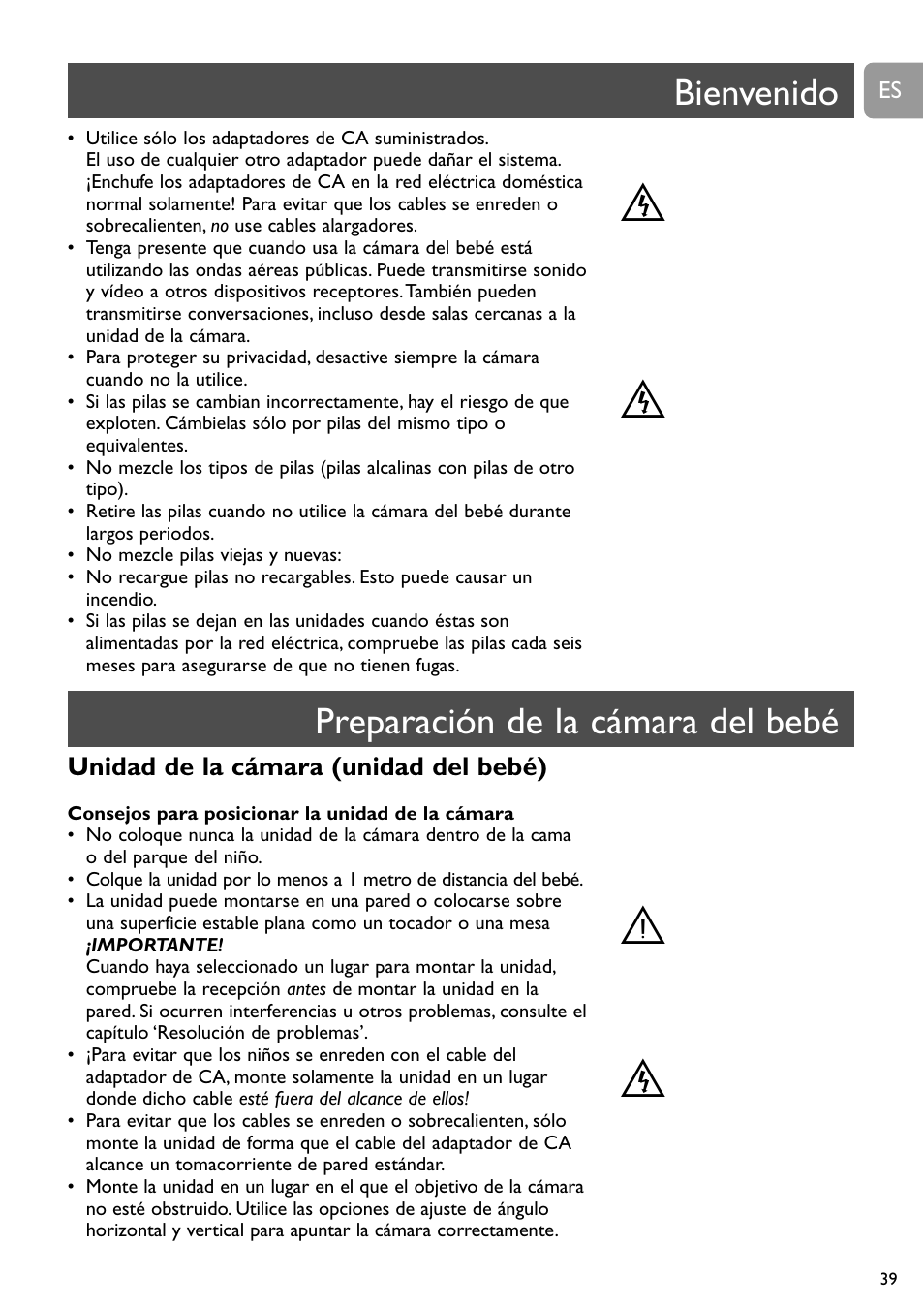 St t t, Bienvenido, Preparación de la cámara del bebé | Philips SCD491 User Manual | Page 38 / 211