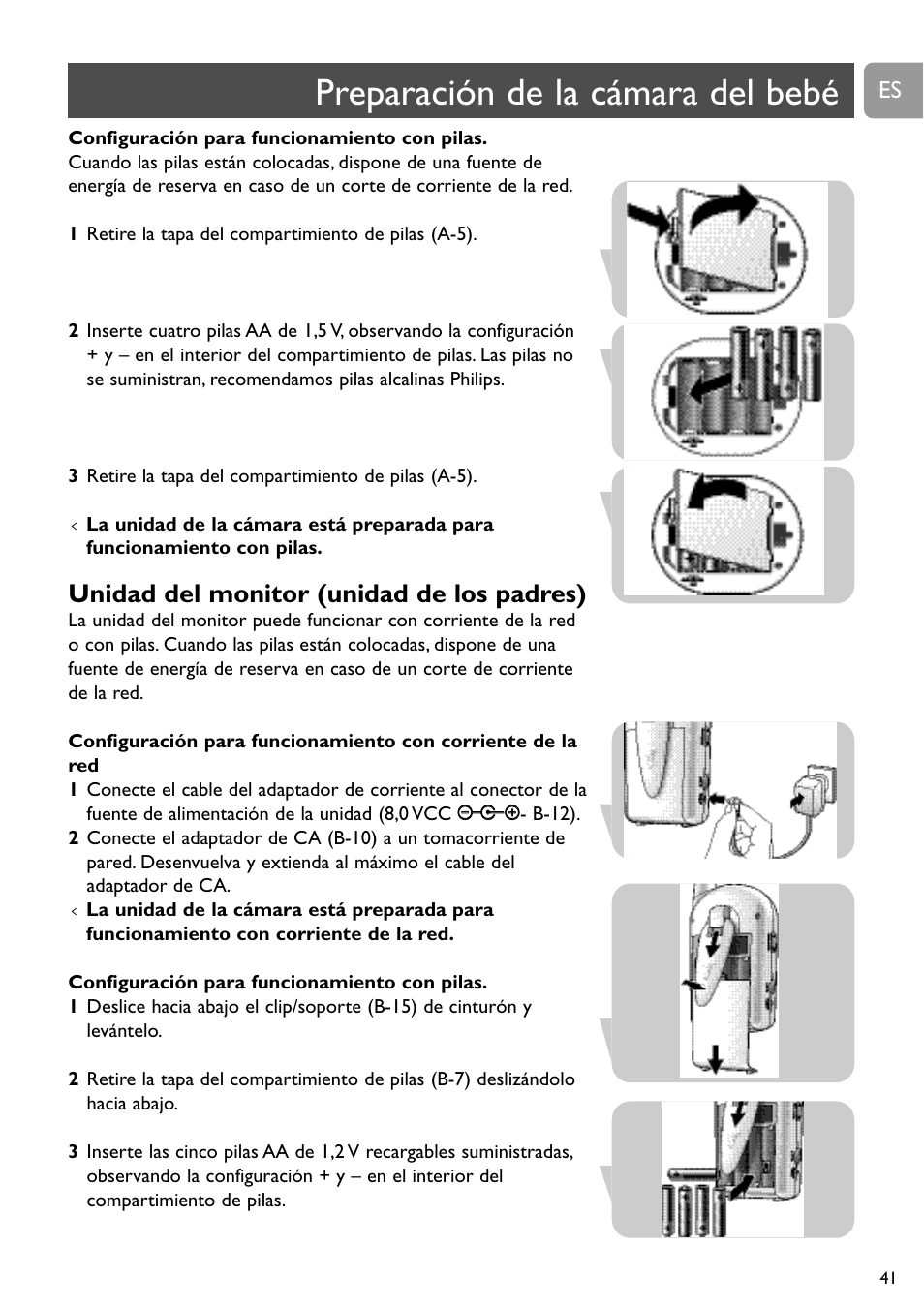 Preparación de la cámara del bebé, Unidad del monitor (unidad de los padres) | Philips SCD491 User Manual | Page 40 / 211
