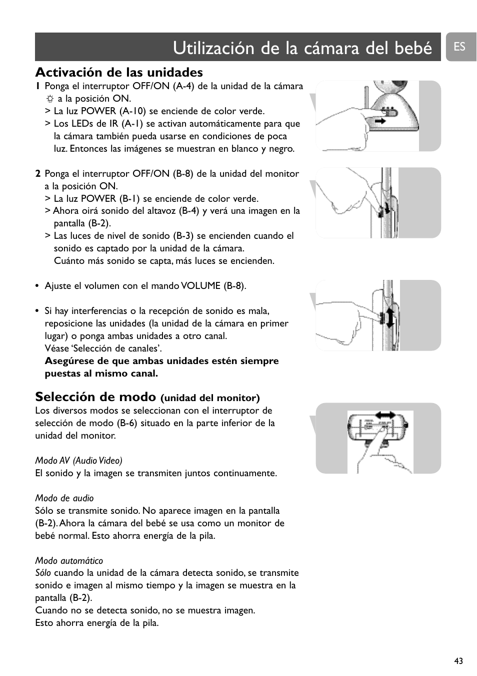 Utilización de la cámara del bebé, Activación de las unidades, Selección de modo | Philips SCD491 User Manual | Page 42 / 211