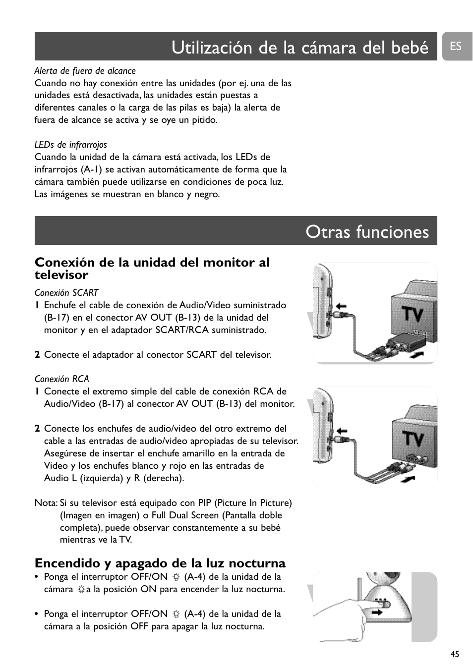 Utilización de la cámara del bebé otras funciones, Conexión de la unidad del monitor al televisor, Encendido y apagado de la luz nocturna | Philips SCD491 User Manual | Page 44 / 211