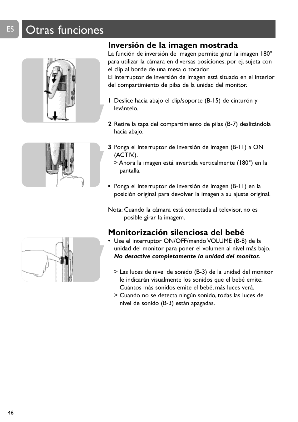 Otras funciones, Inversión de la imagen mostrada, Monitorización silenciosa del bebé | Philips SCD491 User Manual | Page 45 / 211