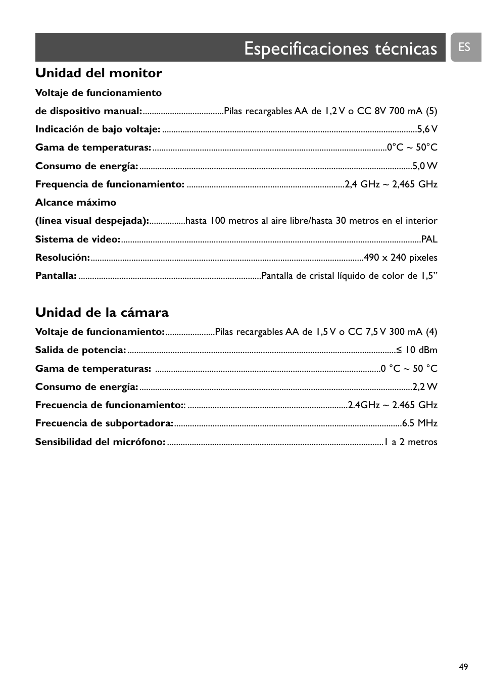 Especificaciones técnicas, Unidad del monitor, Unidad de la cámara | Philips SCD491 User Manual | Page 48 / 211