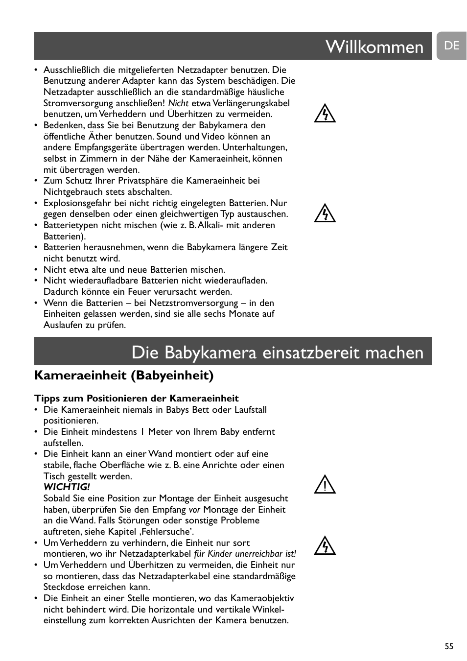 St t t, Willkommen, Die babykamera einsatzbereit machen | Philips SCD491 User Manual | Page 54 / 211