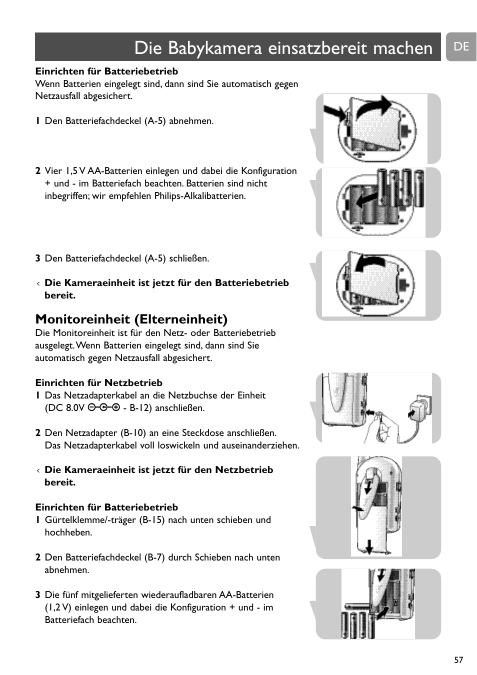 Die babykamera einsatzbereit machen, Monitoreinheit (elterneinheit) | Philips SCD491 User Manual | Page 56 / 211