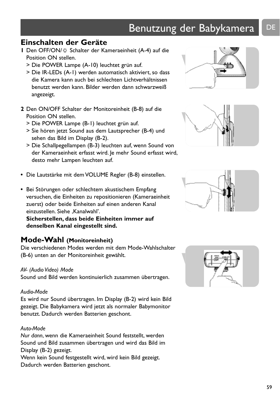 Benutzung der babykamera, Einschalten der geräte, Mode-wahl | Philips SCD491 User Manual | Page 58 / 211