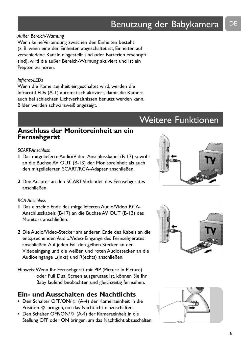 Benutzung der babykamera weitere funktionen, Anschluss der monitoreinheit an ein fernsehgerät, Ein- und ausschalten des nachtlichts | Philips SCD491 User Manual | Page 60 / 211