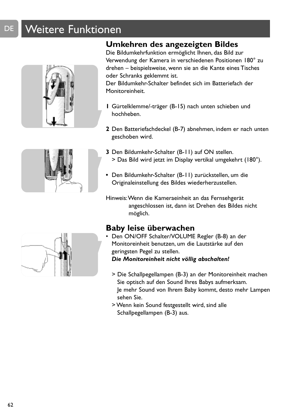 Weitere funktionen, Umkehren des angezeigten bildes, Baby leise überwachen | Philips SCD491 User Manual | Page 61 / 211
