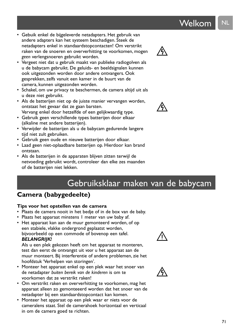 St t t, Welkom, Gebruiksklaar maken van de babycam | Philips SCD491 User Manual | Page 70 / 211