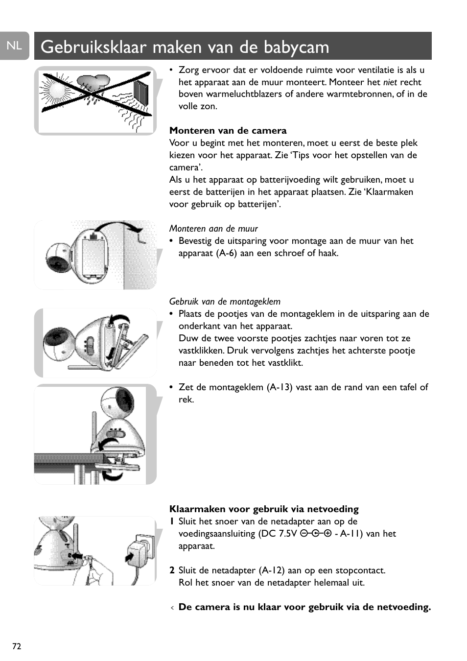 Gebruiksklaar maken van de babycam | Philips SCD491 User Manual | Page 71 / 211