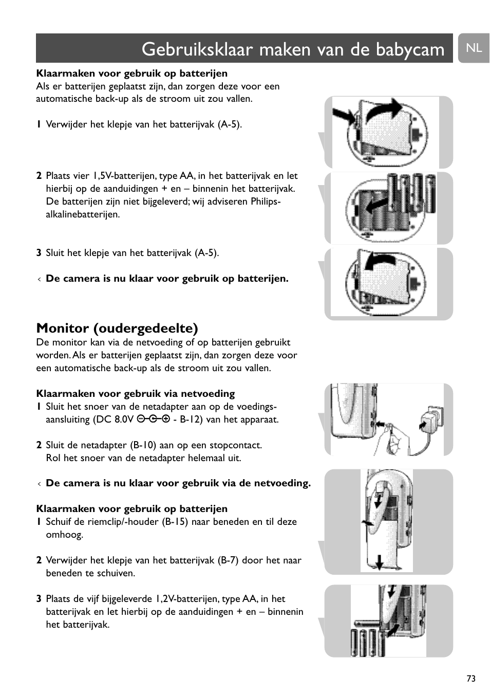 Gebruiksklaar maken van de babycam, Monitor (oudergedeelte) | Philips SCD491 User Manual | Page 72 / 211