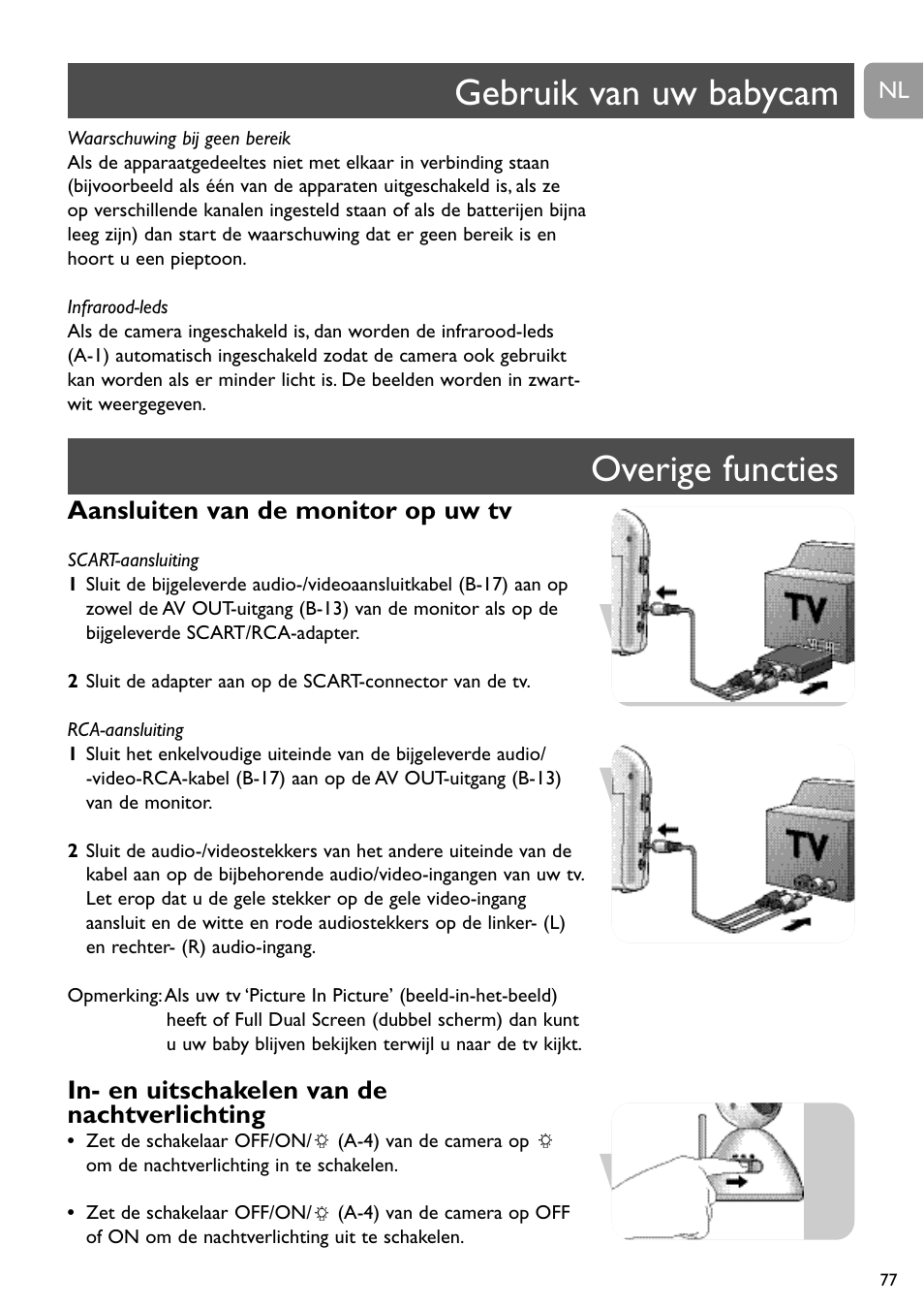 Gebruik van uw babycam overige functies, Aansluiten van de monitor op uw tv, In- en uitschakelen van de nachtverlichting | Philips SCD491 User Manual | Page 76 / 211