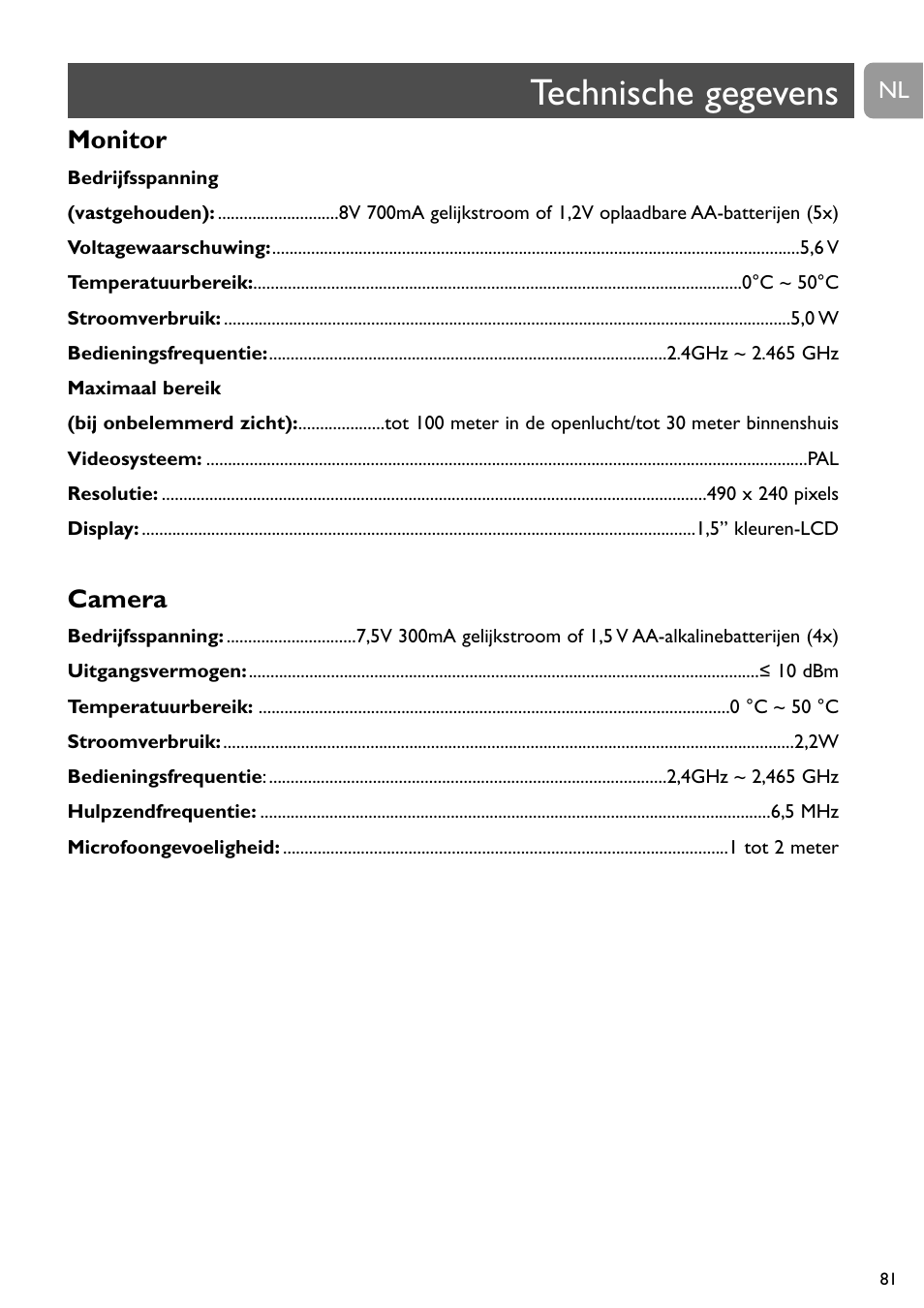 Technische gegevens, Monitor, Camera | Philips SCD491 User Manual | Page 80 / 211