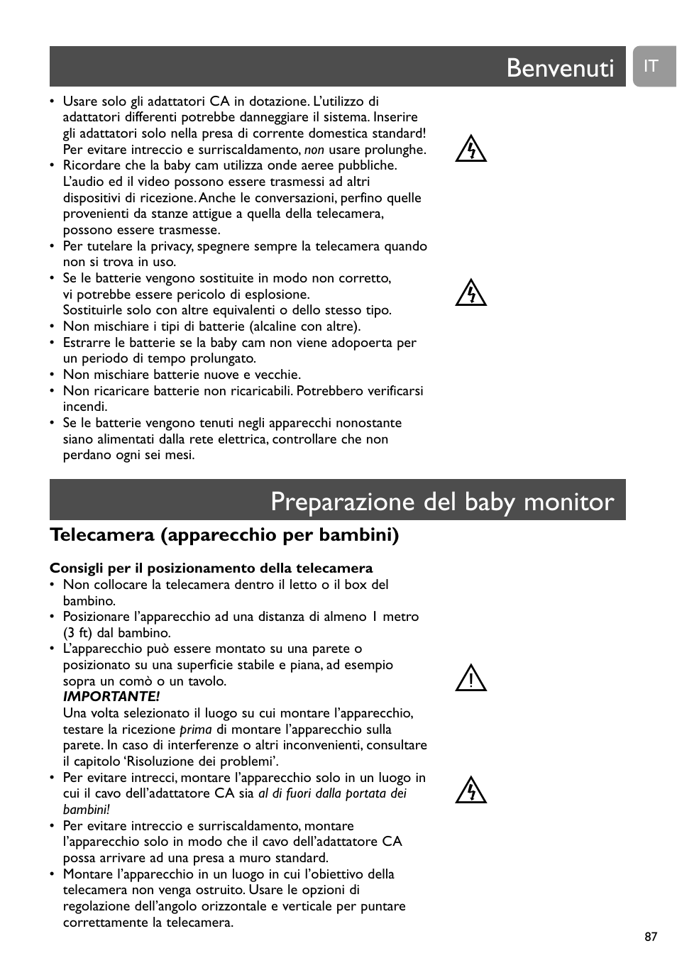 St t t, Benvenuti, Preparazione del baby monitor | Philips SCD491 User Manual | Page 86 / 211