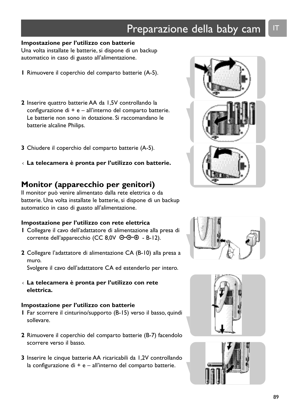 Preparazione della baby cam, Monitor (apparecchio per genitori) | Philips SCD491 User Manual | Page 88 / 211