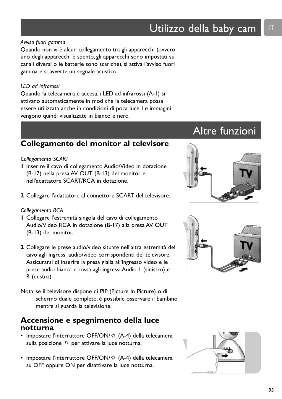 Utilizzo della baby cam altre funzioni, Collegamento del monitor al televisore, Accensione e spegnimento della luce notturna | Philips SCD491 User Manual | Page 92 / 211