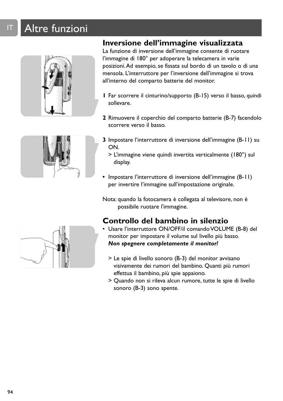 Altre funzioni, Inversione dell’immagine visualizzata, Controllo del bambino in silenzio | Philips SCD491 User Manual | Page 93 / 211