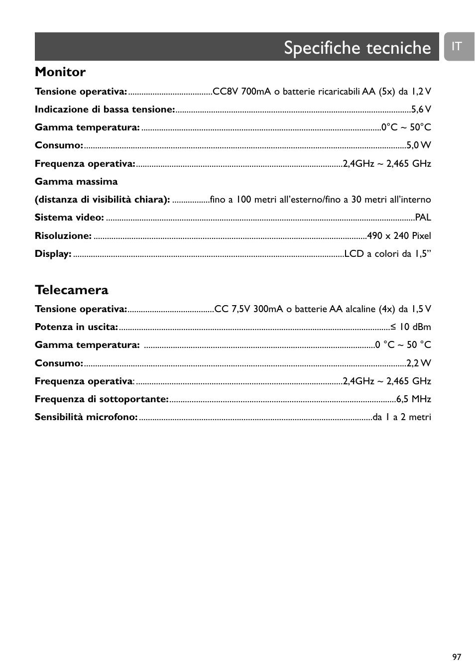 Specifiche tecniche, Monitor, Telecamera | Philips SCD491 User Manual | Page 96 / 211