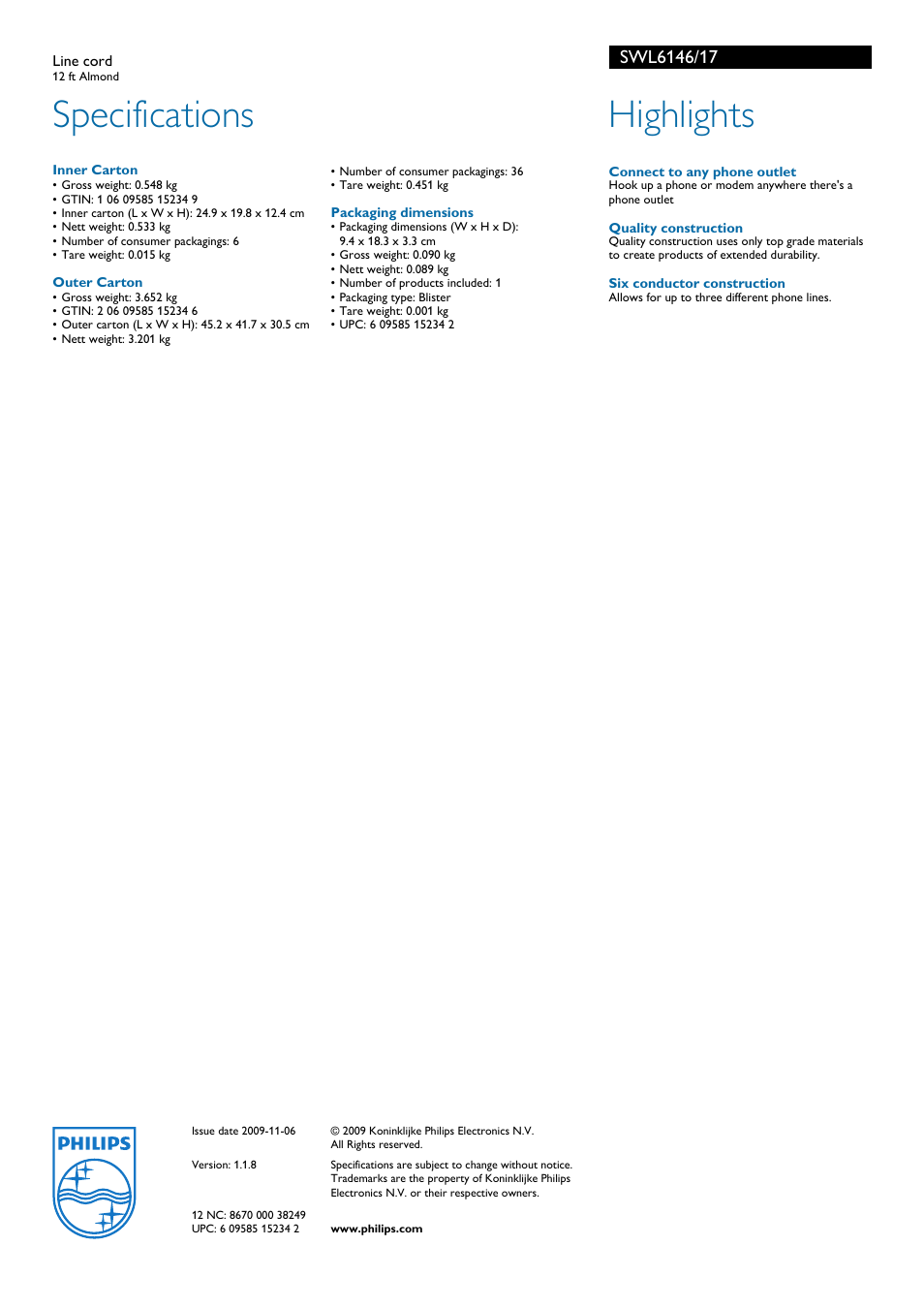 Specifications, Highlights | Philips Line Cord SWL6146 User Manual | Page 2 / 2