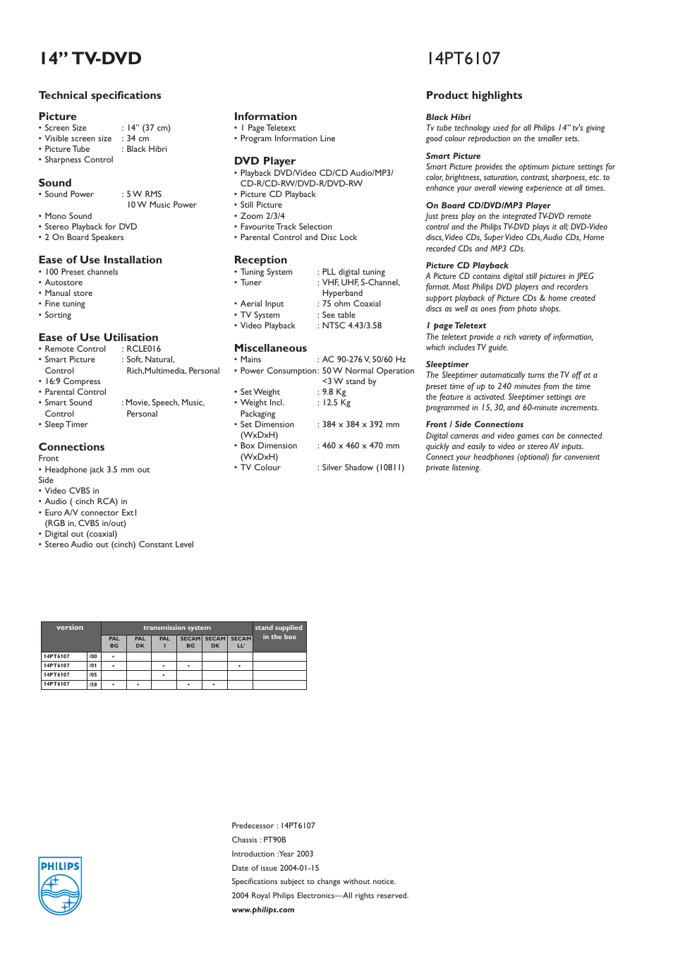 Picture, Sound, Ease of use installation | Ease of use utilisation, Connections, Information, Dvd player, Reception, Miscellaneous, Technical specifications | Philips TV-DVD User Manual | Page 2 / 2