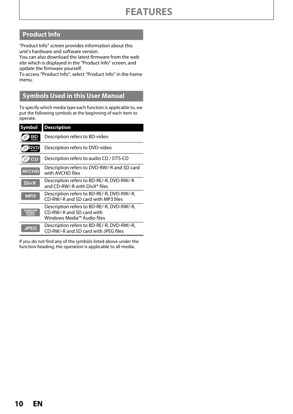 Product info symbols used in this user manual, Features | Philips BDP5320/F8 User Manual | Page 10 / 68
