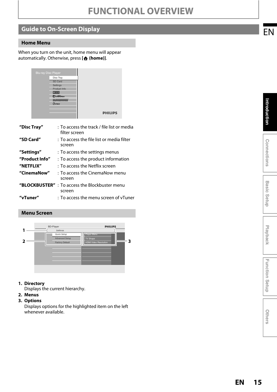 Guide to on-screen display, Functional overview | Philips BDP5320/F8 User Manual | Page 15 / 68