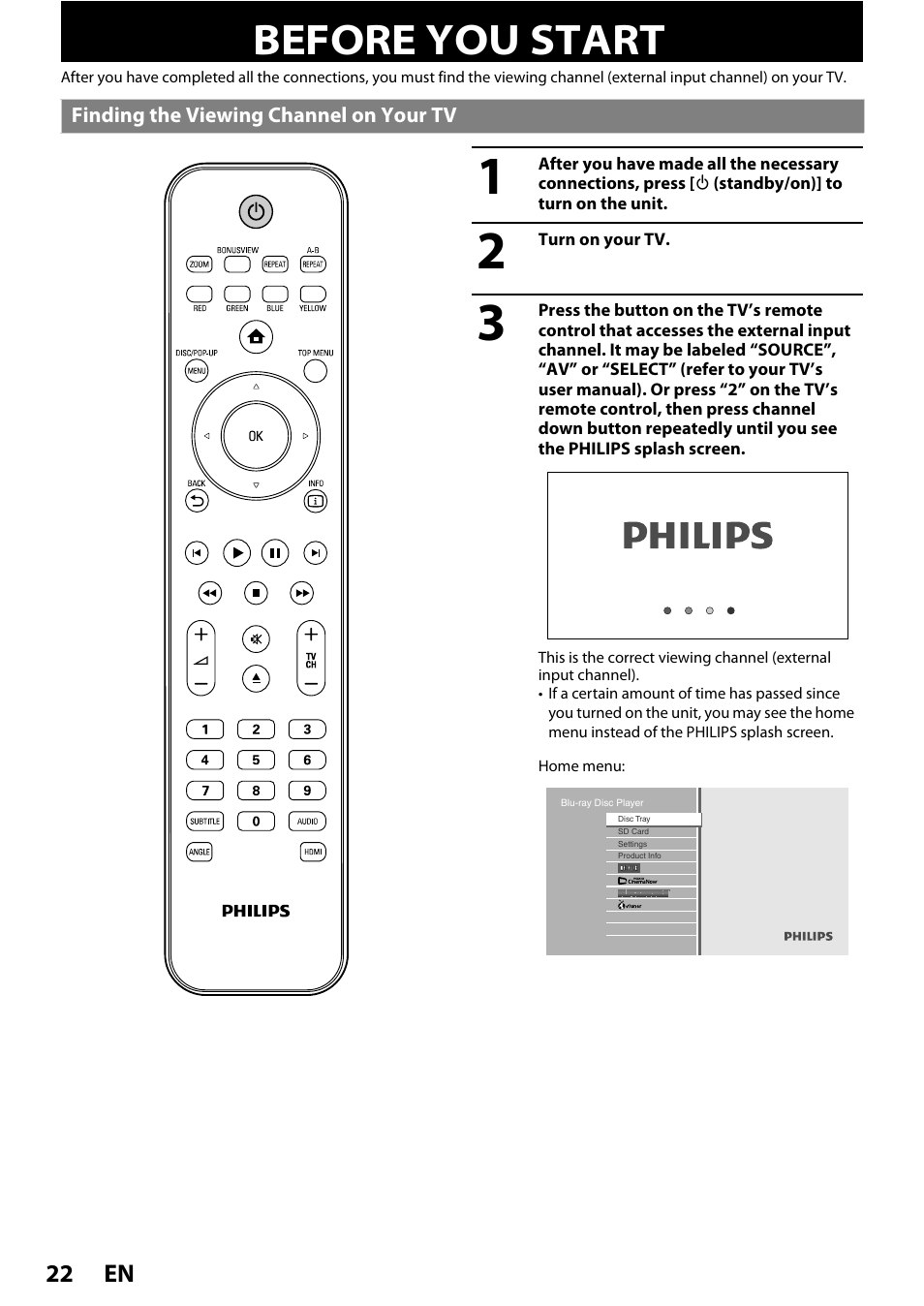 Basic setup, Before you start, Finding the viewing channel on your tv | List of settings | Philips BDP5320/F8 User Manual | Page 22 / 68