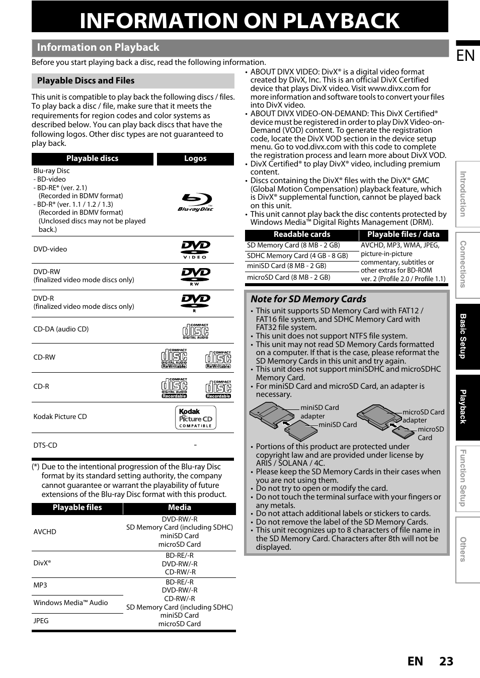 Playback, Information on playback, 23 en | Philips BDP5320/F8 User Manual | Page 23 / 68