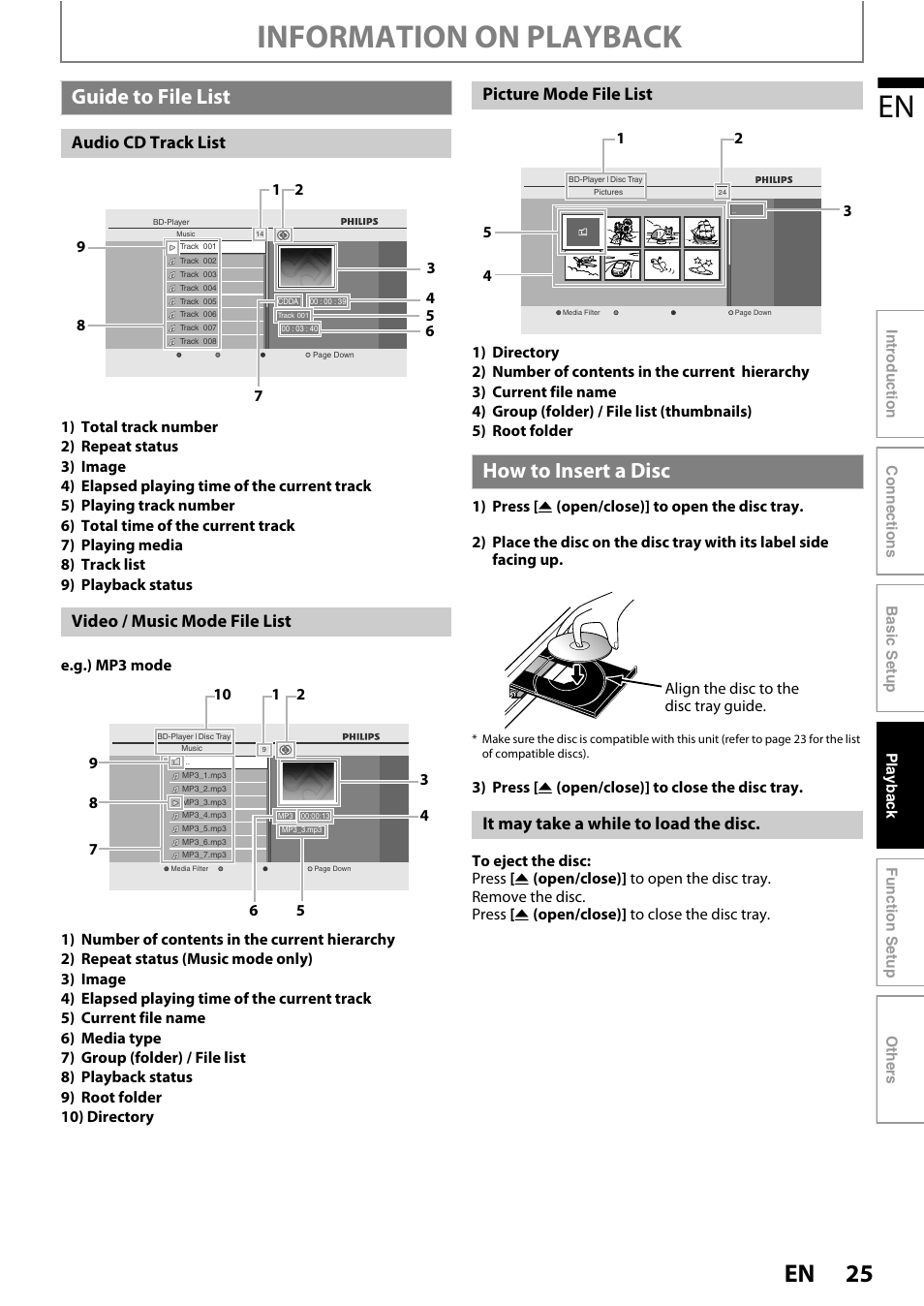 Guide to file list how to insert a disc, Information on playback, Guide to file list | How to insert a disc, Audio cd track list video / music mode file list, Picture mode file list, It may take a while to load the disc | Philips BDP5320/F8 User Manual | Page 25 / 68