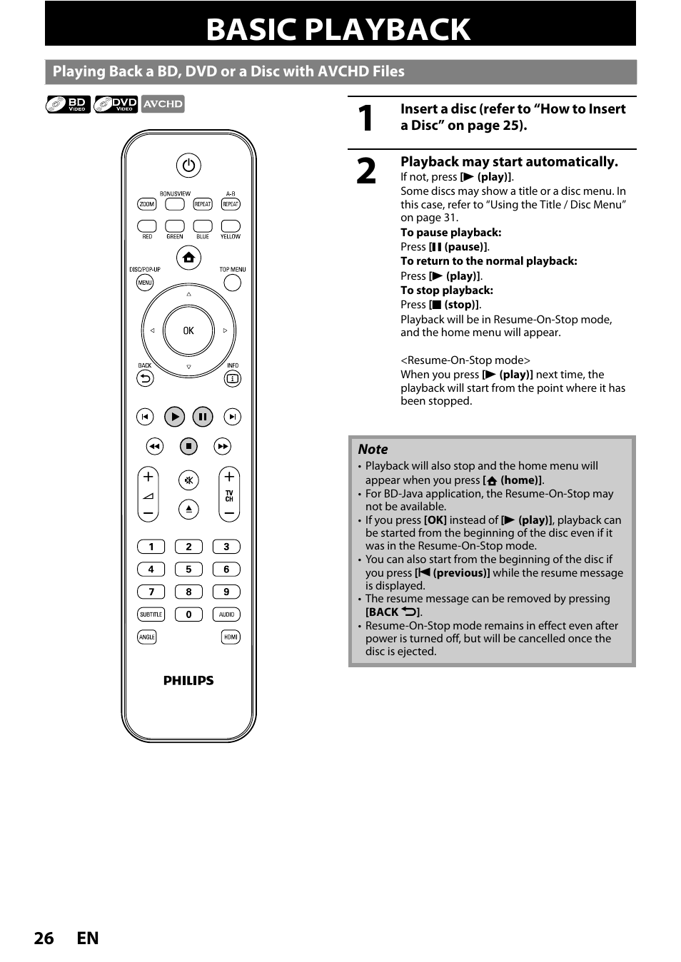 Basic playback, Playing back a bd, dvd or a disc with avchd files, En 26 | Philips BDP5320/F8 User Manual | Page 26 / 68