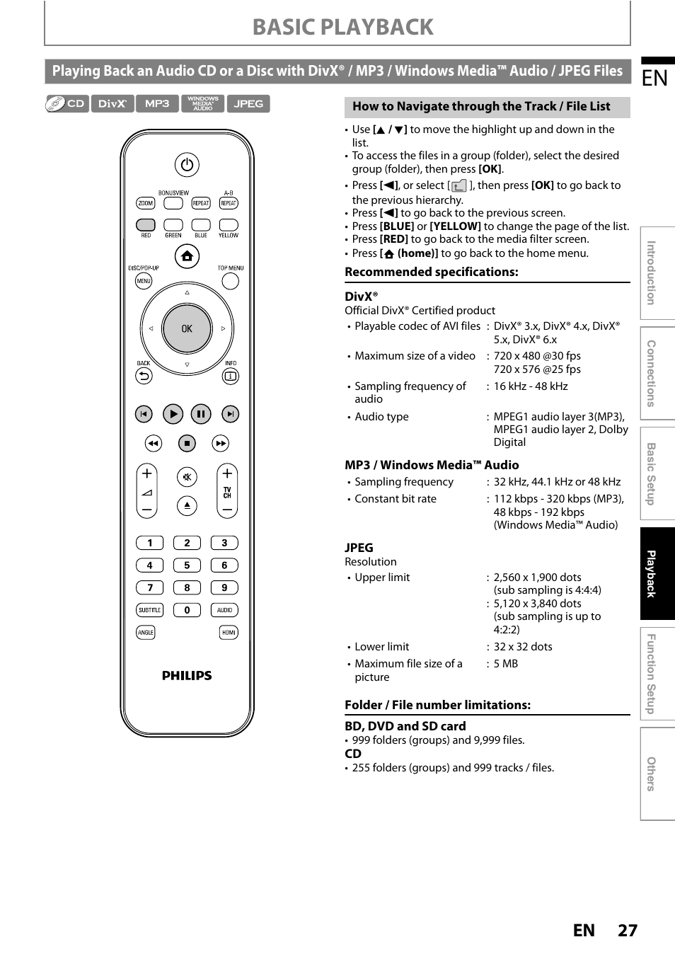 Playing back an audio cd or a disc with divx, Basic playback | Philips BDP5320/F8 User Manual | Page 27 / 68