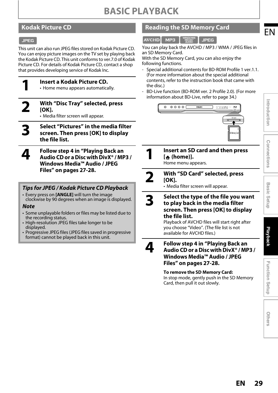 Kodak picture cd reading the sd memory card, Basic playback | Philips BDP5320/F8 User Manual | Page 29 / 68