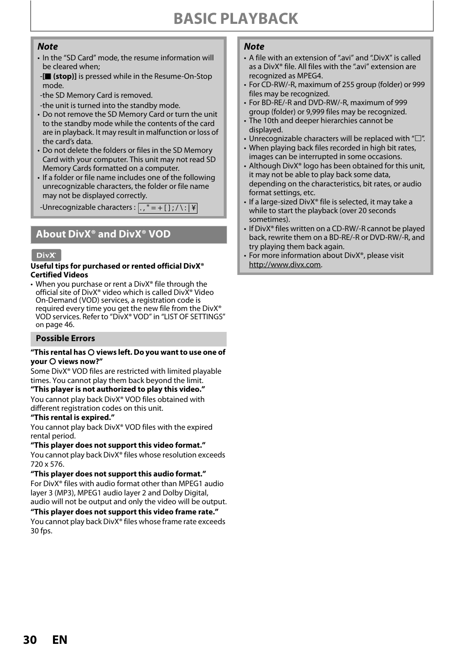 About divx® and divx® vod, Basic playback | Philips BDP5320/F8 User Manual | Page 30 / 68