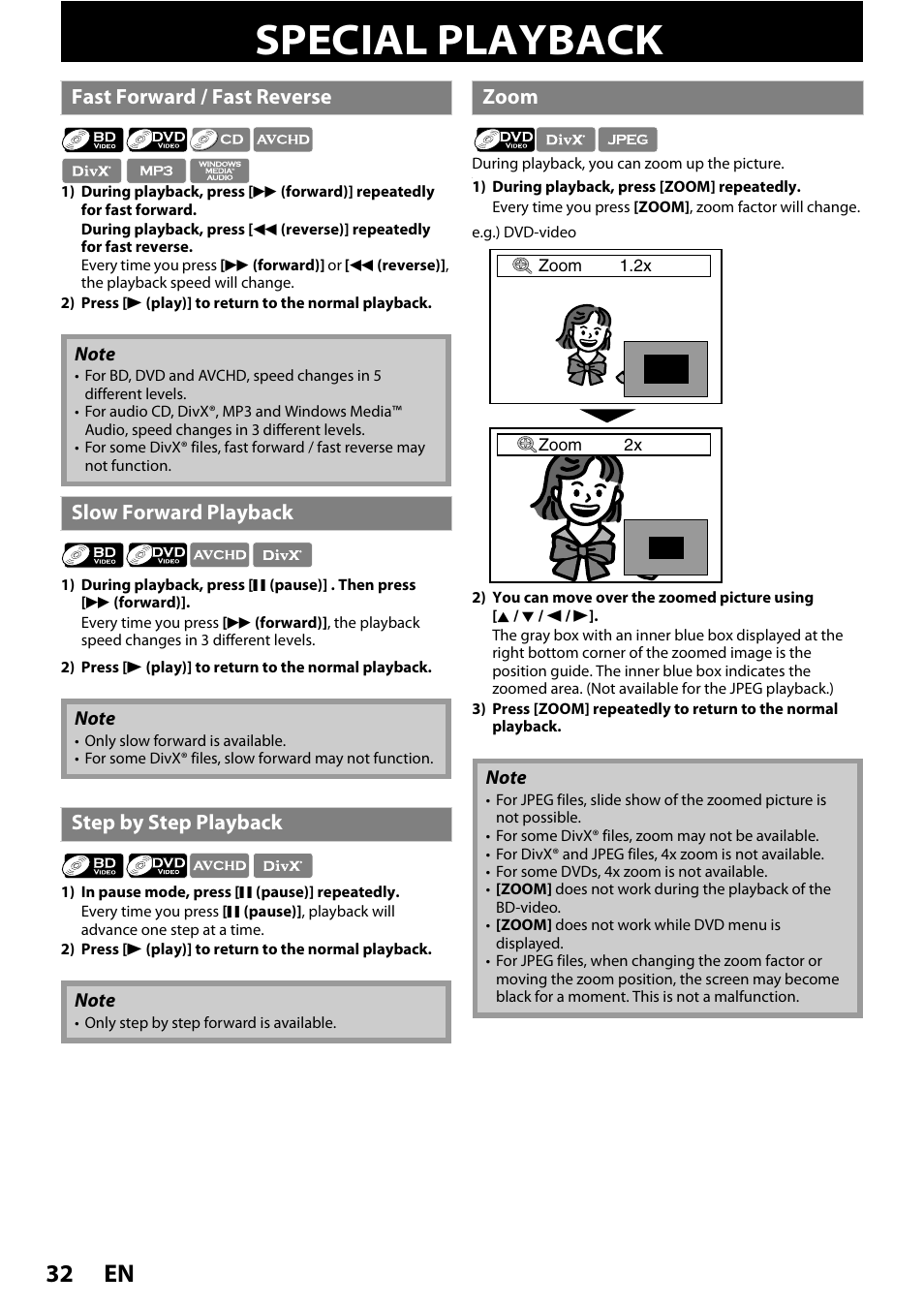 Special playback, En 32, Fast forward / fast reverse | Slow forward playback, Step by step playback, Zoom | Philips BDP5320/F8 User Manual | Page 32 / 68