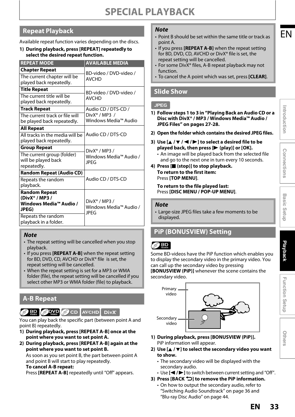 Special playback, Repeat playback, A-b repeat | Slide show, Pip (bonusview) setting | Philips BDP5320/F8 User Manual | Page 33 / 68