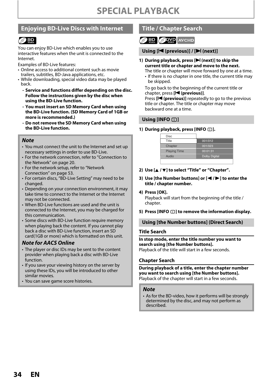 Special playback, Enjoying bd-live d iscs with internet, Title / chapter search | Philips BDP5320/F8 User Manual | Page 34 / 68