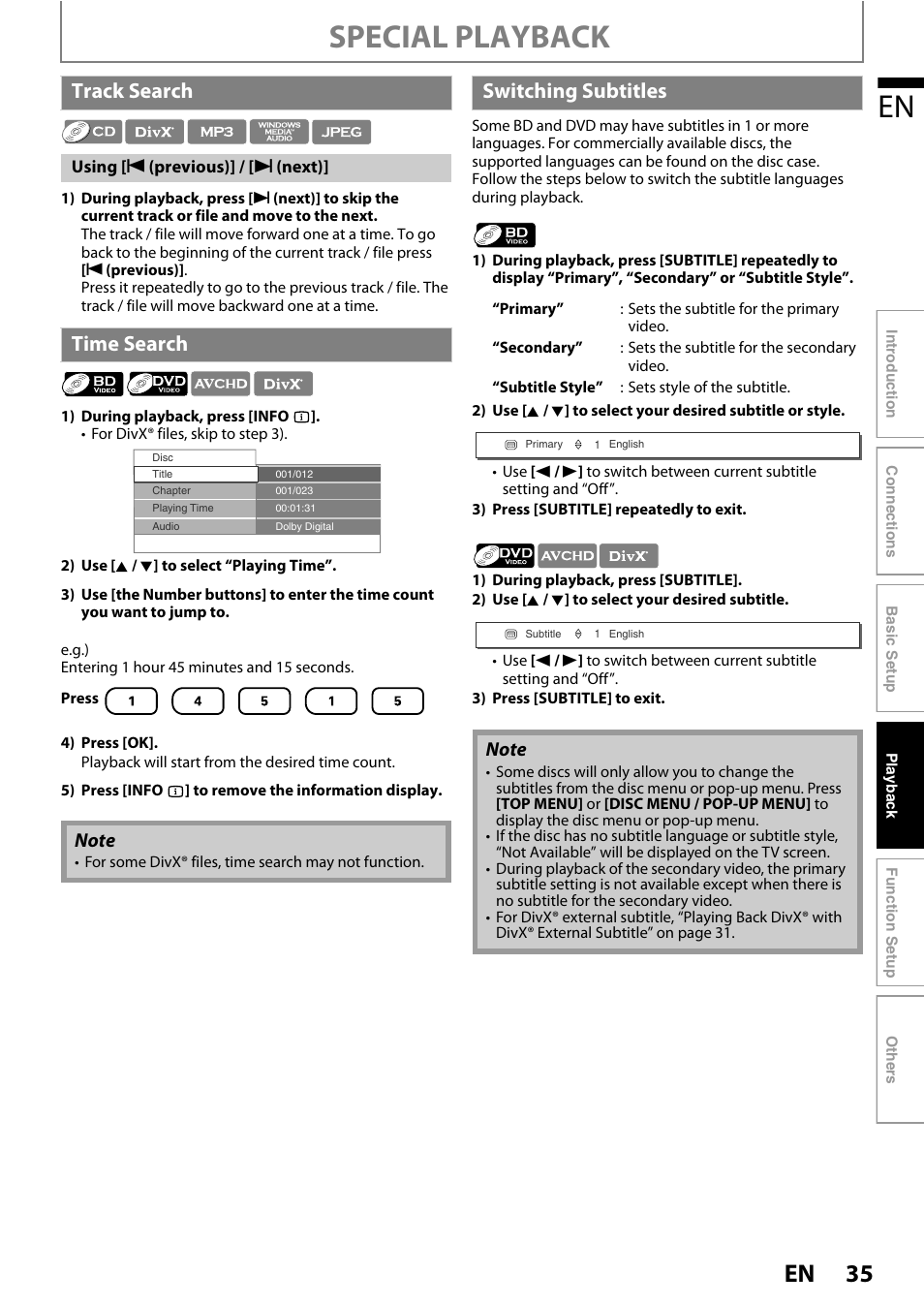 Track search time search switching subtitles, Special playback, Track search | Time search, Switching subtitles | Philips BDP5320/F8 User Manual | Page 35 / 68