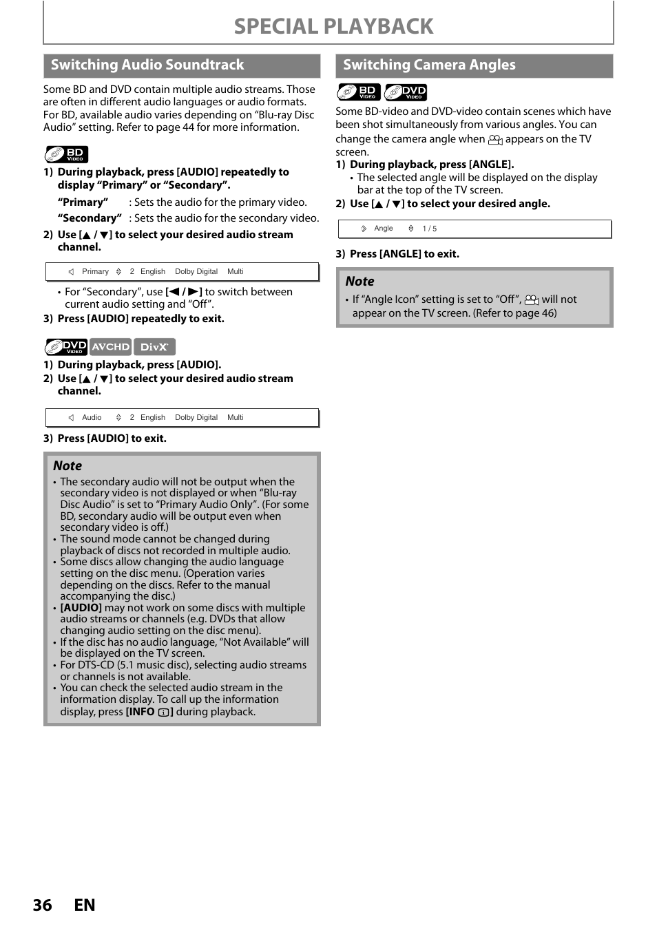 Switching audio soundtrack switching camera angles, Special playback, Switching audio soundtrack | Switching camera angles | Philips BDP5320/F8 User Manual | Page 36 / 68