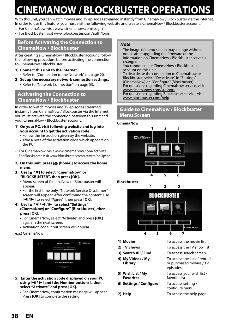 Cinemanow / blockbuster operations, Before activating the connection to cinemanow, Blockbuster | Activating the connection to cinemanow, Guide to cinemanow / blockbuster menu screen, Cinemanow / blockbuster operations” on, En 38 | Philips BDP5320/F8 User Manual | Page 38 / 68