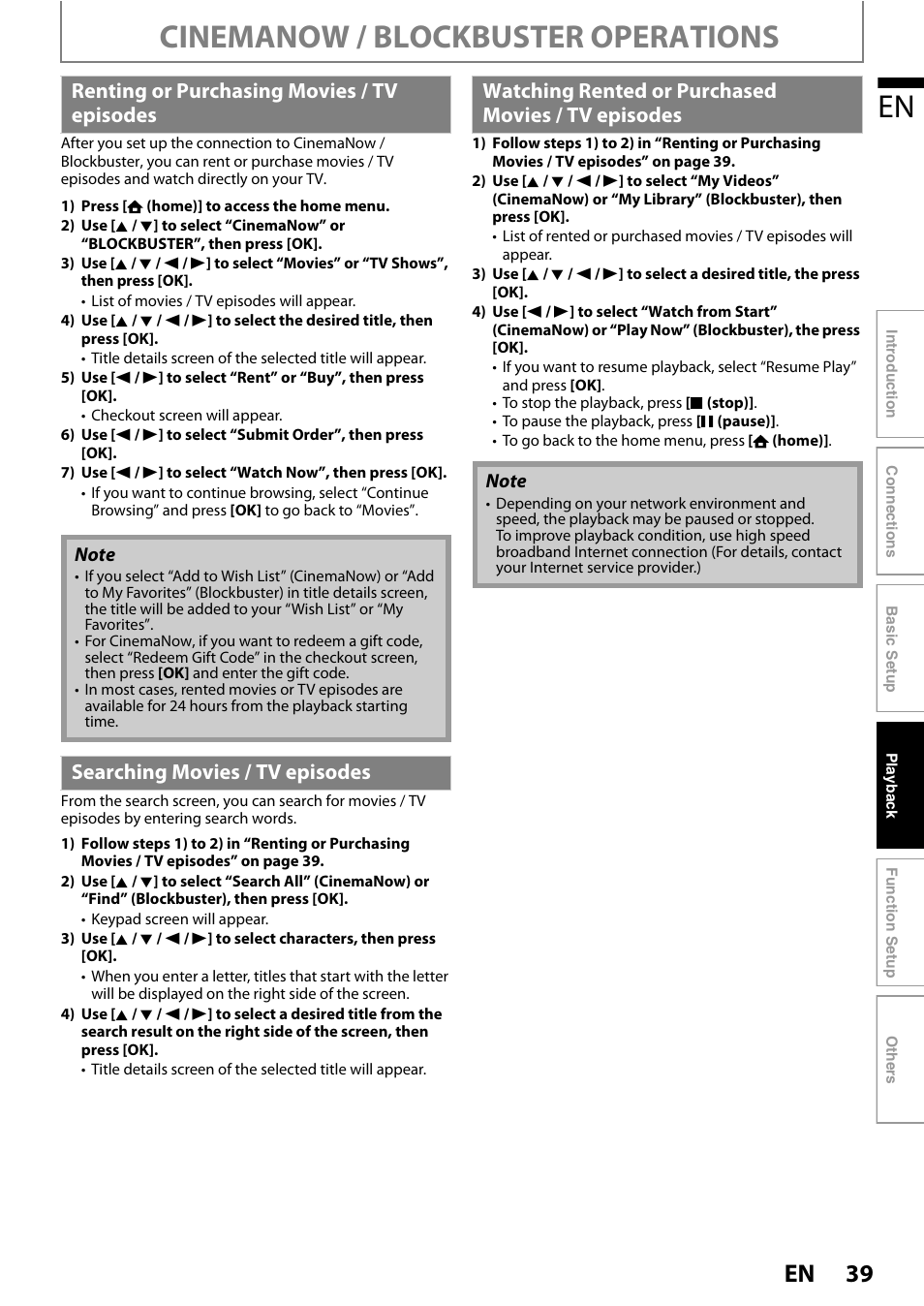 Tv episodes, Cinemanow / blockbuster operations, Renting or purchasing movies / tv episodes | Philips BDP5320/F8 User Manual | Page 39 / 68