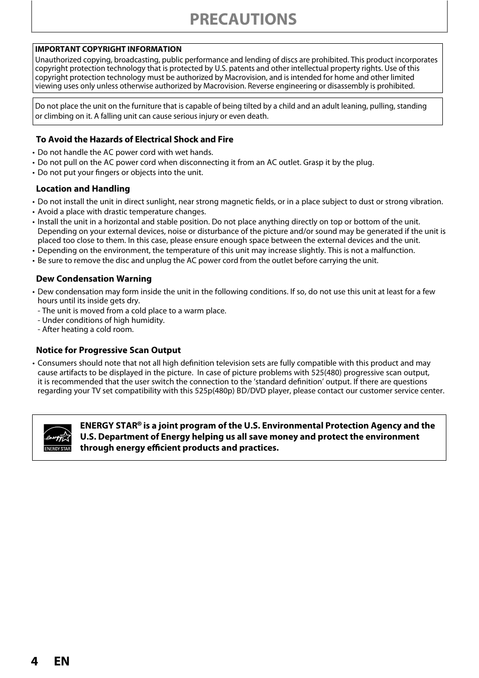 Precautions | Philips BDP5320/F8 User Manual | Page 4 / 68