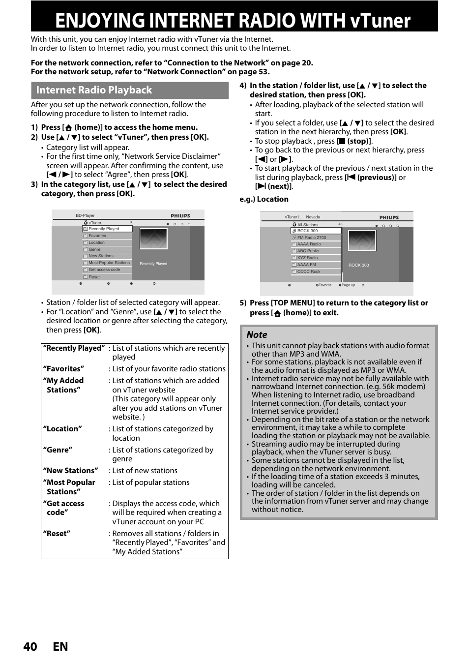 Enjoying internet radio with vtuner, Enjoying internet radio with, Vtuner | Internet radio playback, En 40 | Philips BDP5320/F8 User Manual | Page 40 / 68