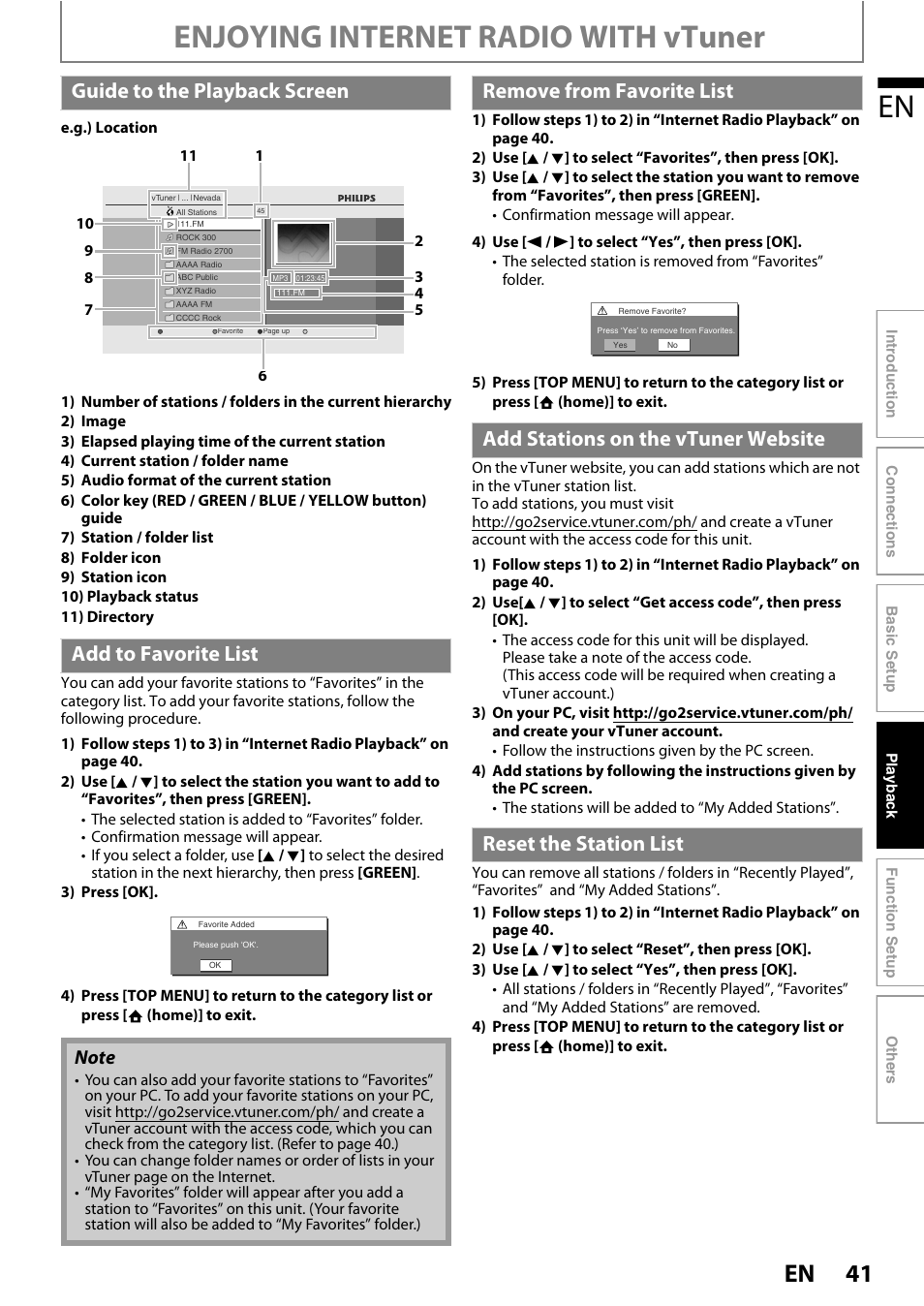 Enjoying internet radio with vtuner, Guide to the playback screen add to favorite list | Philips BDP5320/F8 User Manual | Page 41 / 68