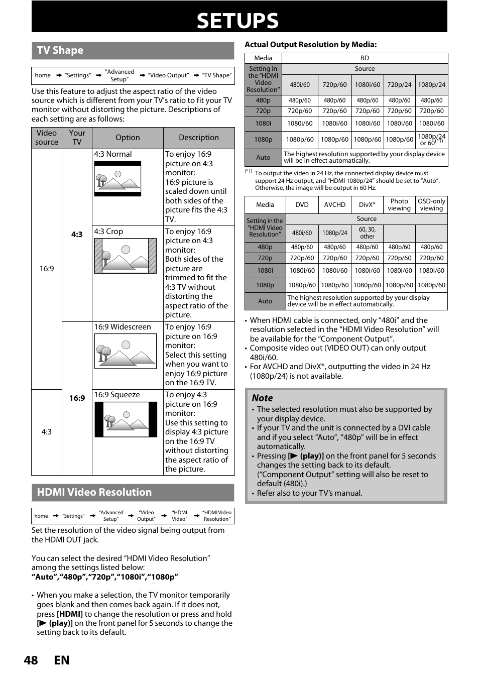 Setups, Tv shape hdmi video resolution, En 48 | Tv shape, Hdmi video resolution | Philips BDP5320/F8 User Manual | Page 48 / 68