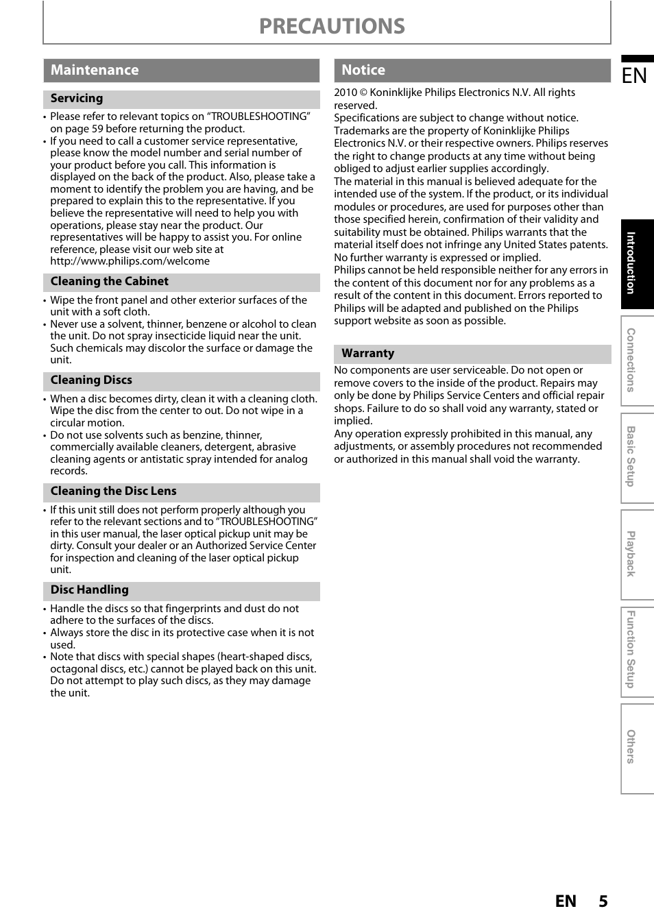 Precautions, Maintenance, Notice | Philips BDP5320/F8 User Manual | Page 5 / 68