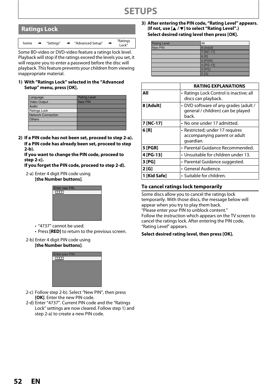 Ratings lock, Setups | Philips BDP5320/F8 User Manual | Page 52 / 68