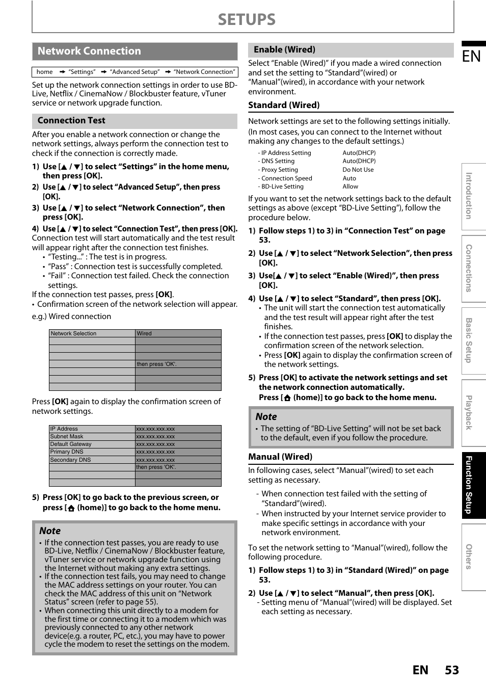 Network connection, R to “network, Setups | Philips BDP5320/F8 User Manual | Page 53 / 68