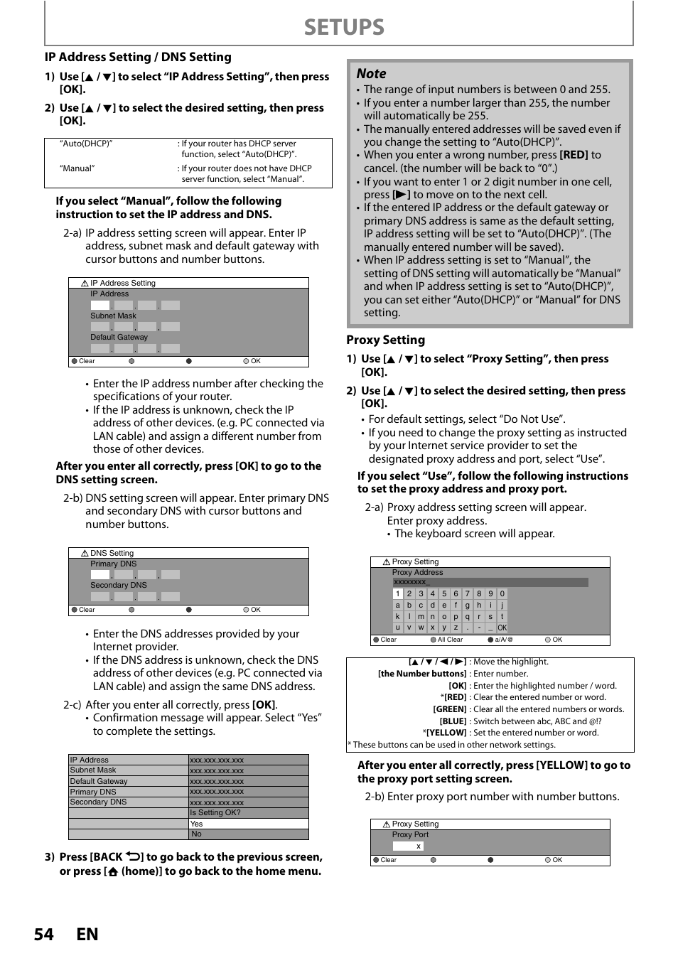 Setups, Ip address setting / dns setting, Proxy setting | Philips BDP5320/F8 User Manual | Page 54 / 68