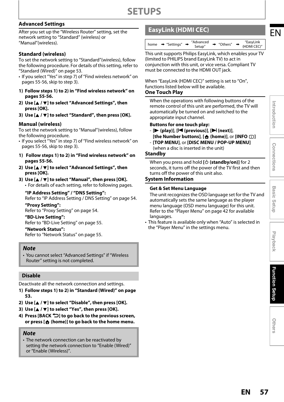 Easylink (hdmi cec), R to “advanced settings” on, Setups | Philips BDP5320/F8 User Manual | Page 57 / 68