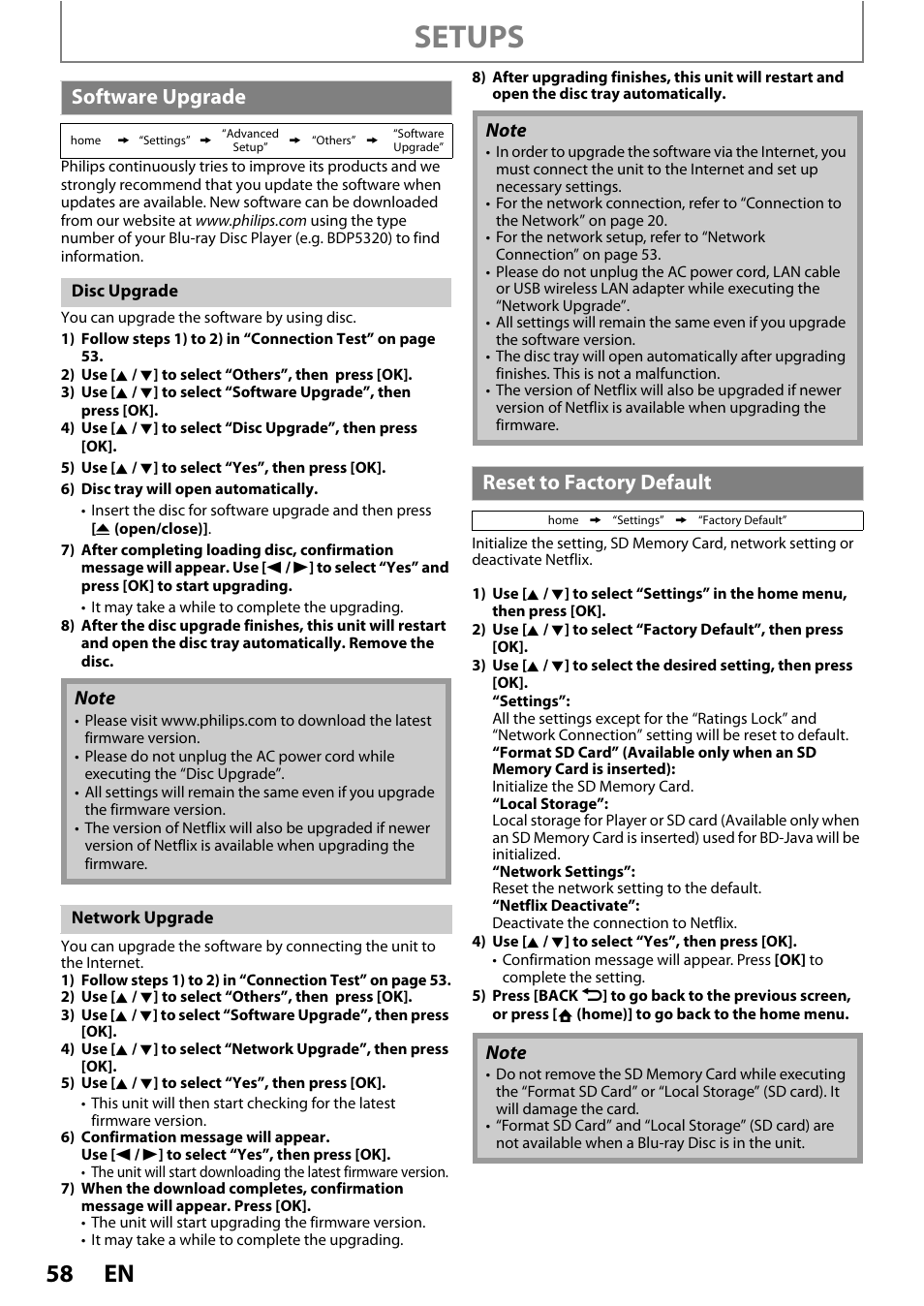 Software upgrade reset to factory default, Setups, Software upgrade | Reset to factory default | Philips BDP5320/F8 User Manual | Page 58 / 68